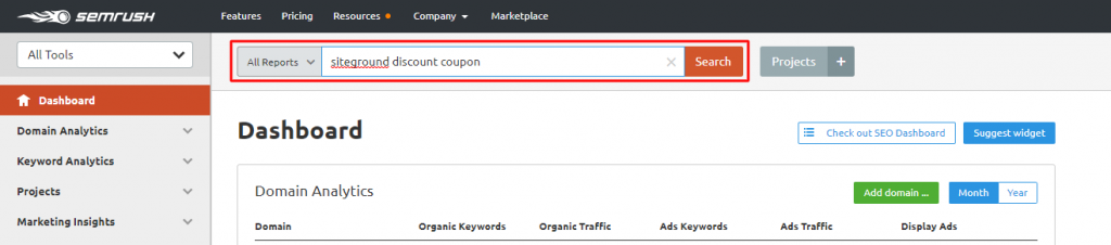 Keyword research SEMrush dashboard