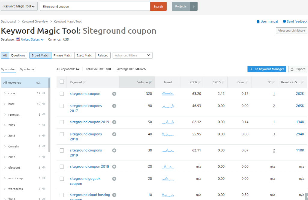 Keyword research interface