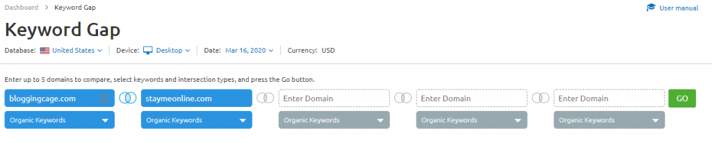 SEMrush Keyword Gap tool