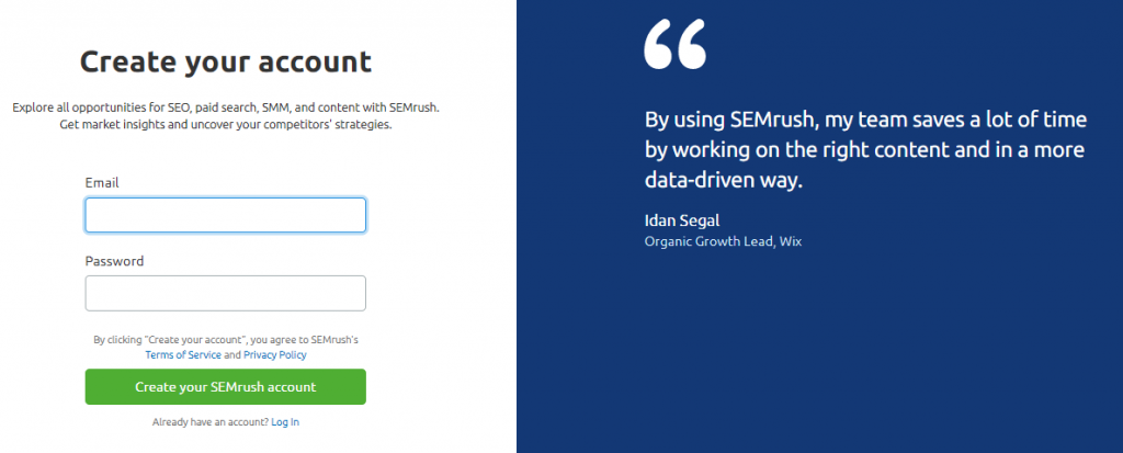 SEMrush create your account