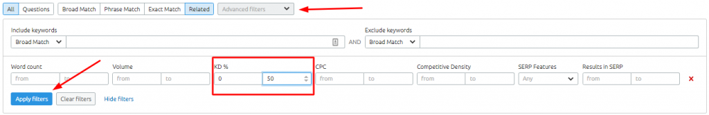 SEMrush Advanced filters