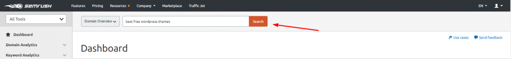 search box at semrush dashboard