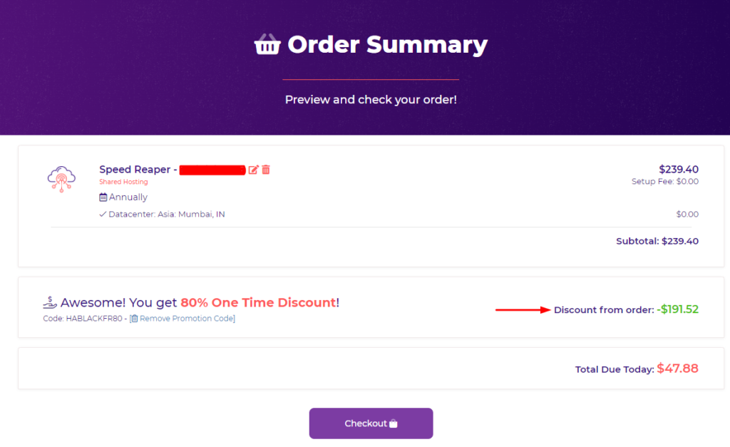 HostArmada order summary