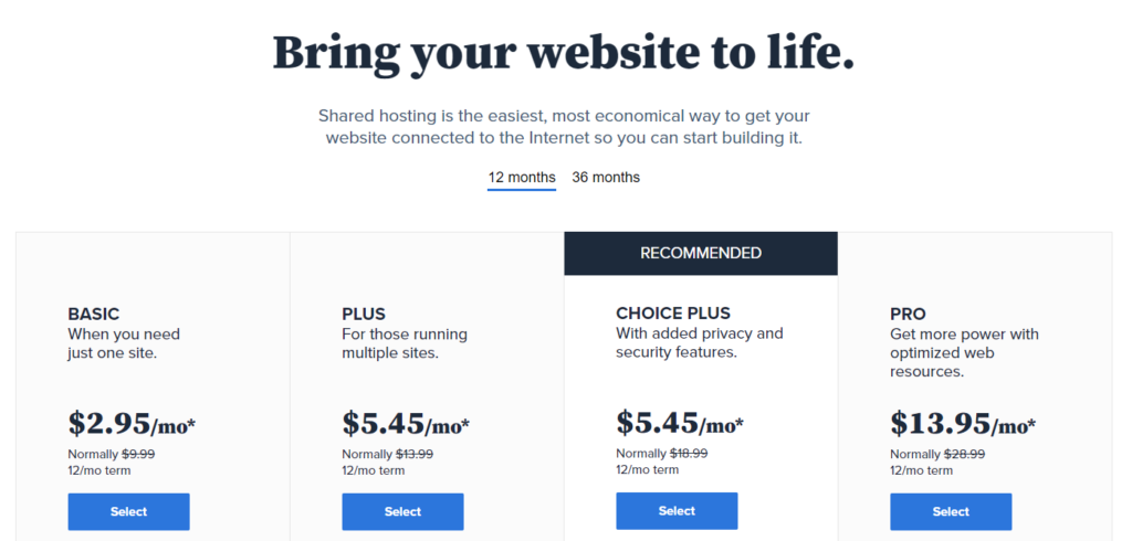 Bluehost hosting plans