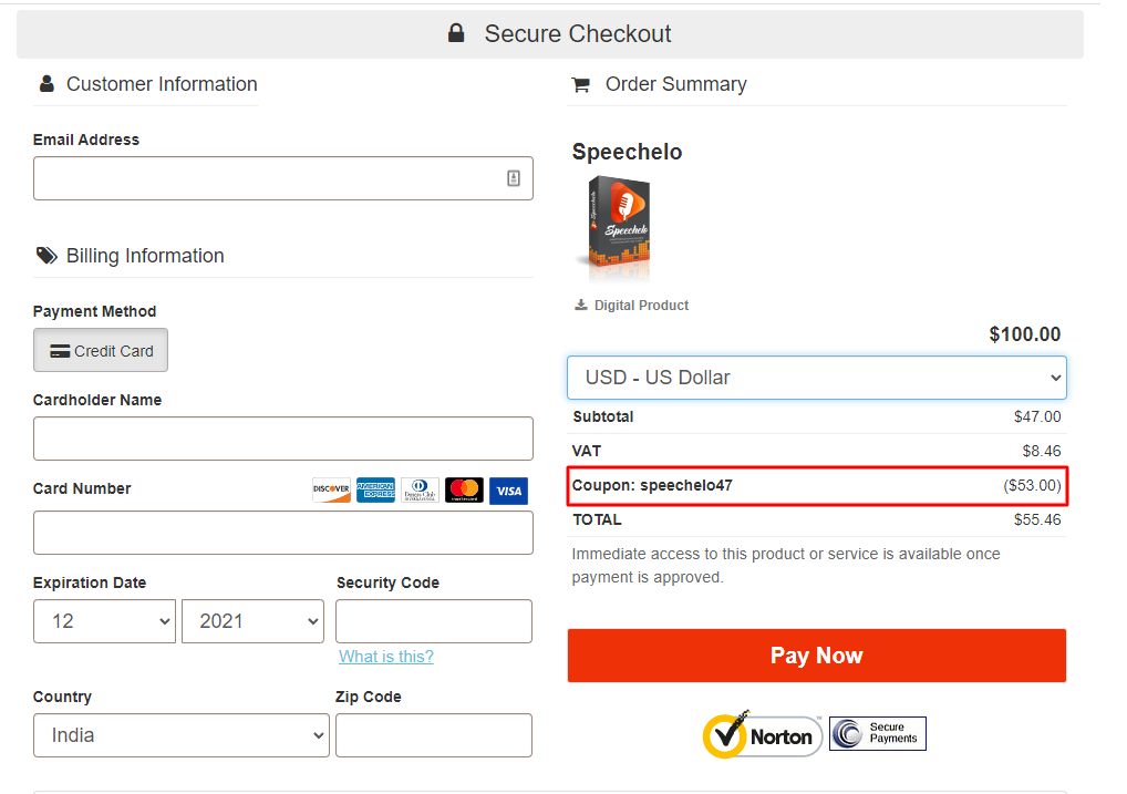 Speechelo checkout