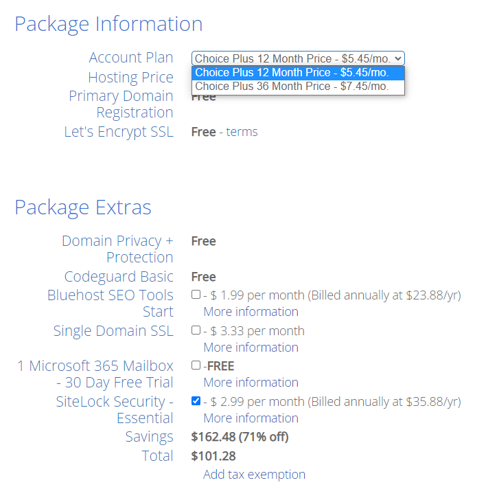 bluehost hosting package