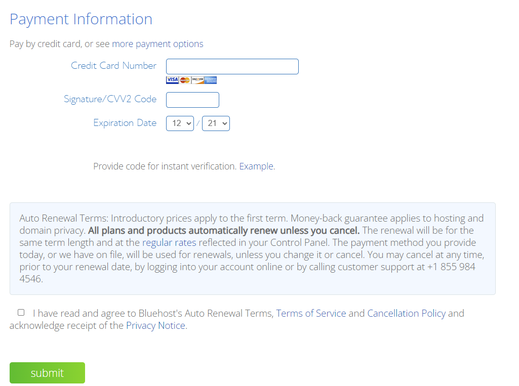 payment information