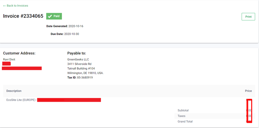 GreenGeeks Invoice