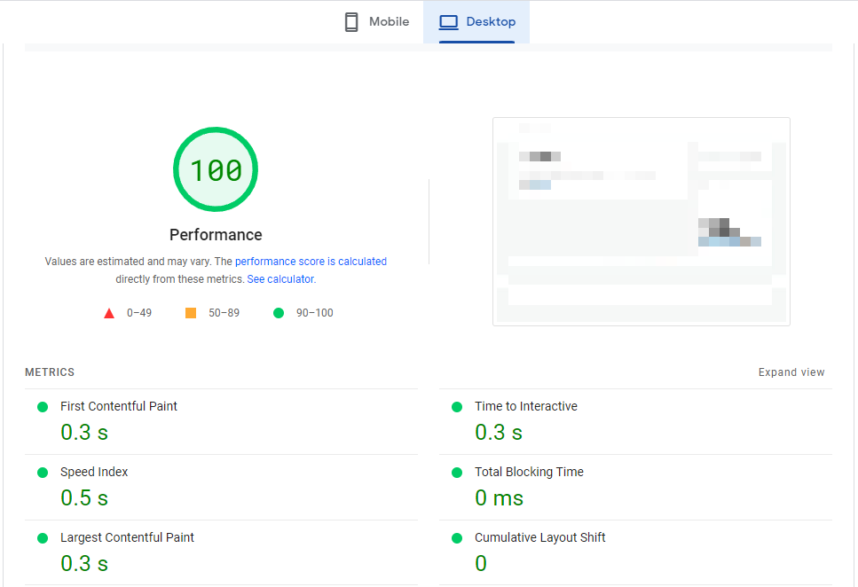 Pagespeed Insights Desktop test