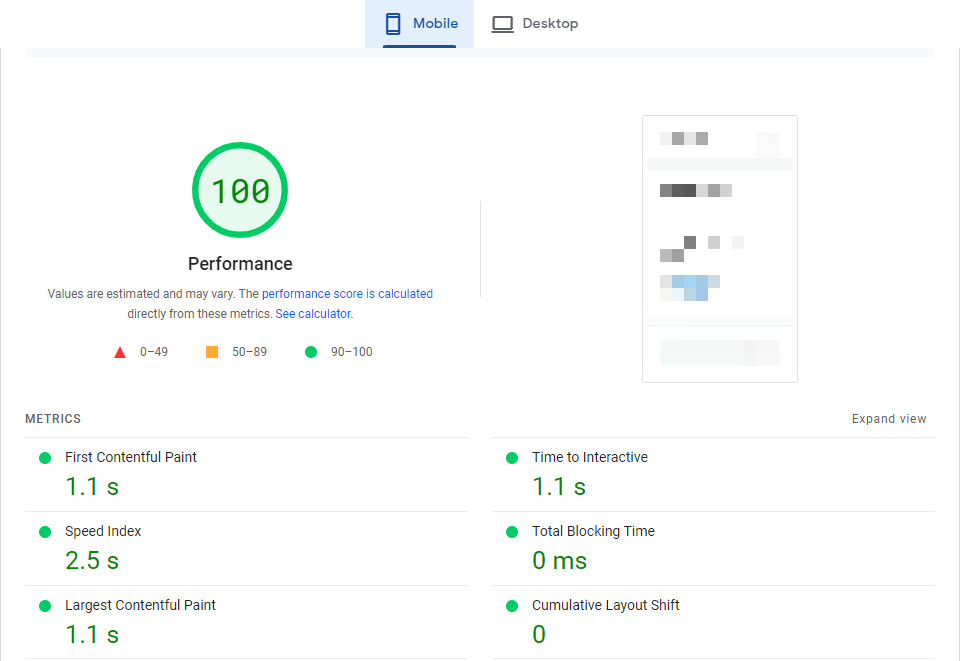 Pagespeed Insights Mobile test