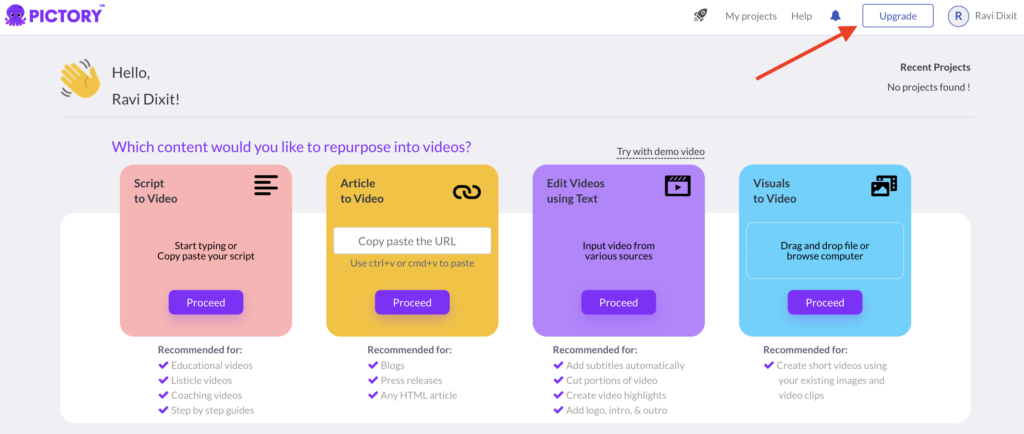 Pictory dashboard