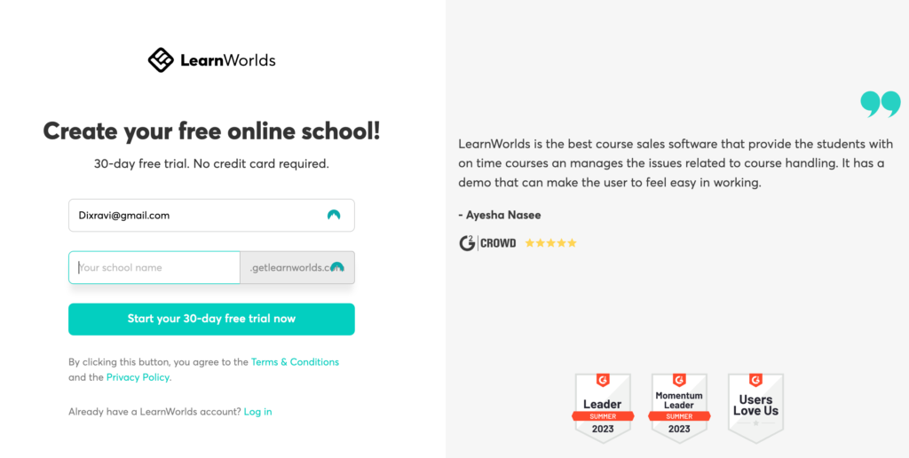 LearnWorlds free trial registration page