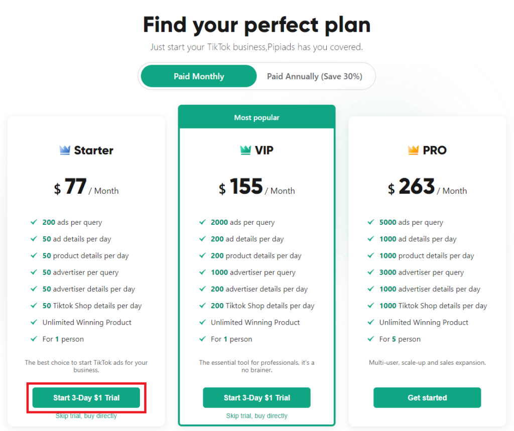 pipiads free trial pricing
